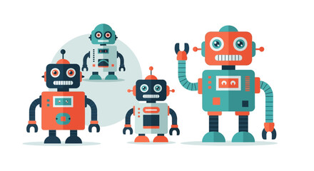 Four colorful retro robots standing together in a group illustration.