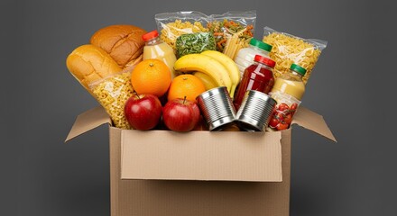 Abundant grocery box overflowing with fresh fruits, pantry staples, and canned goods, ready for delivery or donation, symbolizing nourishment and preparedness.