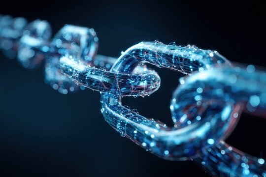 Blockchain technology as a secure digital medium represented by a close-up view of interconnected chains in a luminous blue design