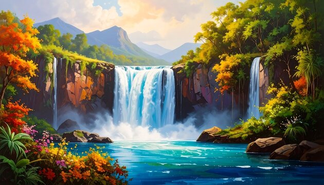 Lush waterfall landscape painting - Powered by Adobe