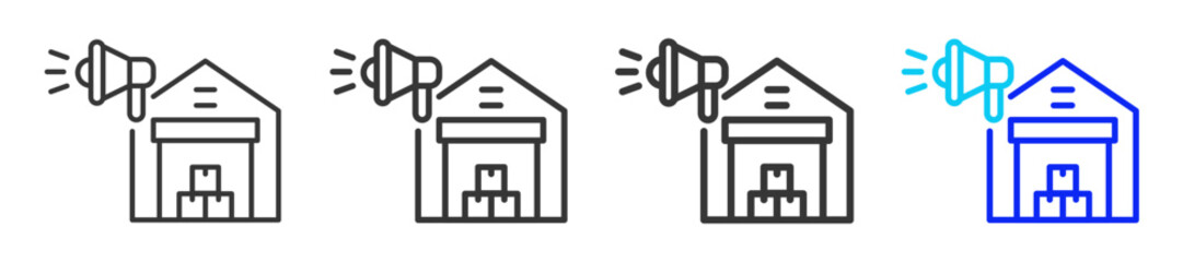 Warehouse Promo icon set in creative outline style with multiple thickness variations perfect for business branding event design and modern event marketing visuals