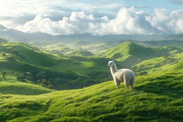 Naklejka premium alpaca standing on a grassy hill, a peaceful farm landscape with rolling hills behind 