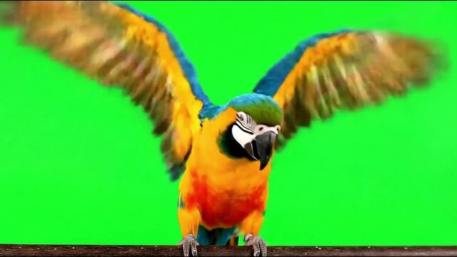 A parrot flapping its wings and squawking, isolated on a green screen background.