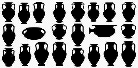 A collection of black silhouettes of various ancient Greek and Roman vases, amphorae, and pottery on a transparent background. © Adji