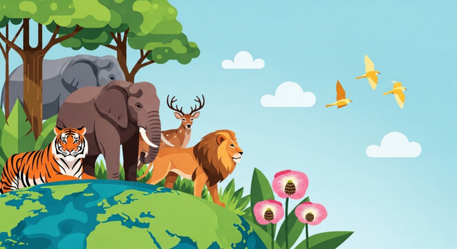 World Wildlife Day Diverse Female Portraits, Celebrating Beauty, Graphic Art, Modern Style, Vibrant Colors, Side View, Empowerment