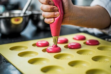 Obraz premium Baker's hands carefully piping bright pink frosting onto silicone baking mat
