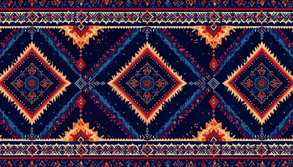 Intricate, repeating geometric pattern in rich colours.  Dark blue, red, and gold tones create a textile design with diamond shapes.  Decorative borders frame the central design