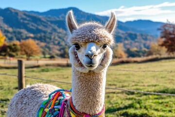 Fototapeta premium alpaca with colorful harness looking curiously at the camera, rural farm setting with mountains behind 