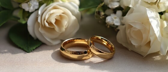 The Gold Wedding Rings Resting Beside White Roses on a Soft Fabric Background