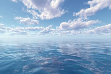 Obraz premium Serene blue ocean water surface under a clear blue sky with soft white clouds gently reflecting on the calm water at midday