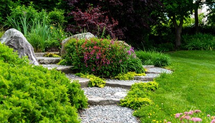 Lush garden landscape featuring stone steps and vibrant flora