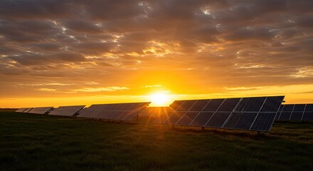 Golden sunrise illuminates vast solar farm, showcasing sustainable energy generation in a breathtaking natural landscape, inspiring hope for a cleaner future.
