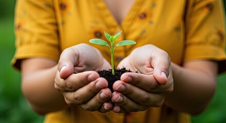 Nurturing new life, a tiny green seedling is carefully held in cupped hands, symbolizing growth, hope, and a sustainable future with rich soil and vibrant greenery