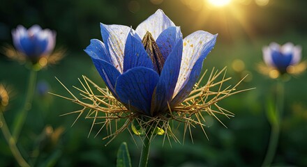 Stunning macro view of a vibrant blue flower with delicate golden accents and sharp protective thorns bathed in warm morning sunlight, evoking nature's intricate beauty and resilience.