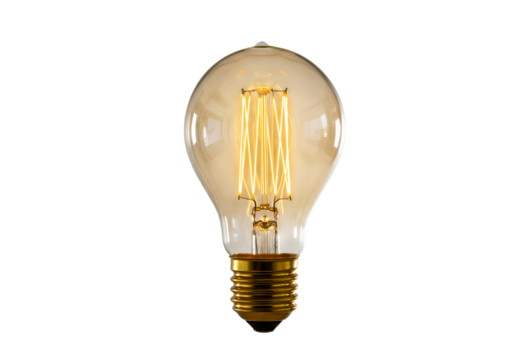 Vintage Edison Light Bulb Filament Detail Warm Light E27 Base isolated on transparent background