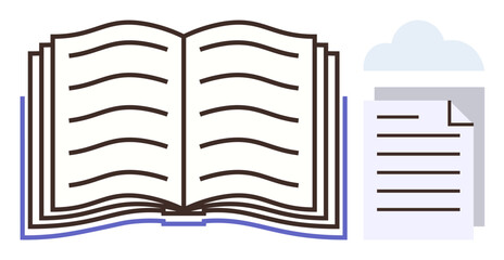 Open book with text lines, document stack aligned by a cloud symbol. Ideal for learning, reading, research, document storage, education, cloud computing and knowledge sharing. Simple flat metaphor