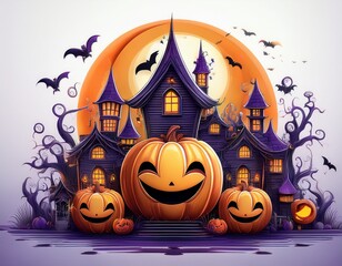 AI Generative Whimsical Halloween scene with smiling jack-o'-lanterns in front of spooky purple haunted houses under a large orange full moon with flying bats.