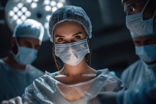Surgical team members conduct critical operation in a dimly lit operating room with focused attention on patient care and teamwork