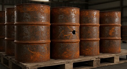 Weathered, rusty metal barrels with a single puncture hole sit on wooden pallets in a dimly lit industrial warehouse setting evoking decay and neglect