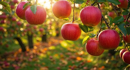 Vibrant red apples ripen on sun drenched branches in an orchard, capturing the essence of autumn harvest and natural abundance.