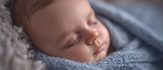 The baby peacefully sleeping wrapped in a soft blue knitted blanket