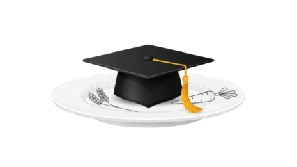 graduation cap rests on a plate with wheat and carrot illustrations, symbolizing education.