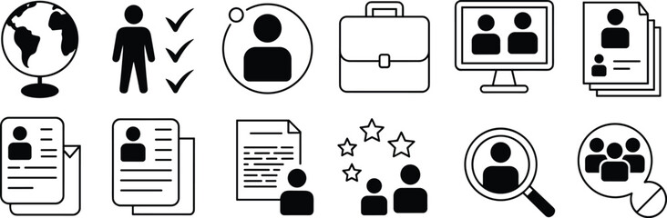 Business and recruitment icons set, black and white HR symbols, job application graphics, global employment tools, candidate evaluation visuals