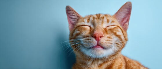 The Cat Smiling in a Close-Up Orange Tabby Portrait Against a Soft Blue Backdrop