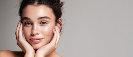The woman with glowing skin gently cupping her face in studio portrait
