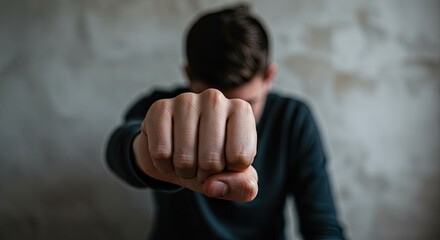 Aggressive man's clenched fist thrusts forward intensely, conveying threat, power, and confrontation in a stark, moody setting