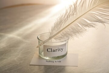 Elegant Feather and Glass Dish Symbolizing Clarity with Inspirational Message in Soft Natural Light Setting