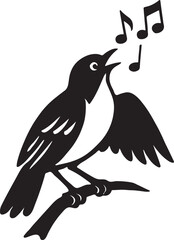 Silhouette of a bird singing on a branch isolated on white background