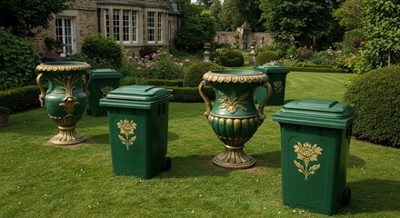 Elegant green trash bins adorned with ornate gold floral designs stand on a manicured lawn in front of a grand stone mansion, blending utility with sophisticated garden aesthetics.
