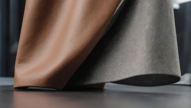 Close-up of two fabric swatches, one brown leather-like, the other grey, draped and textured