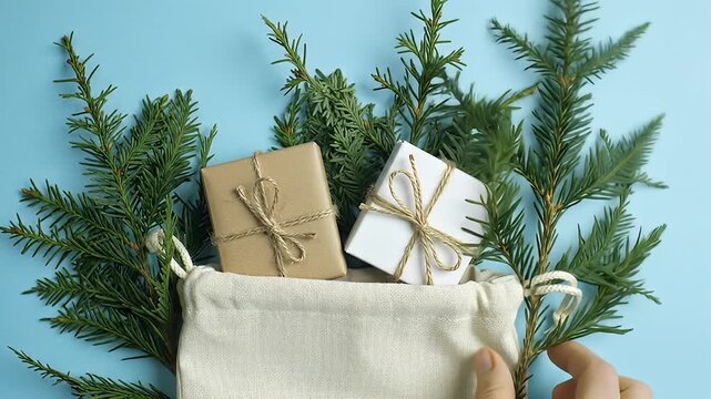 Gift Bag with Evergreen Sprigs and Wrapped Presents on Light Blue Backdrop