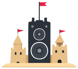 Large audio speaker forming a central tower with sandcastles and flags on either side