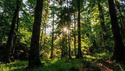 Obraz premium Forest scene with sunlight shining through trees