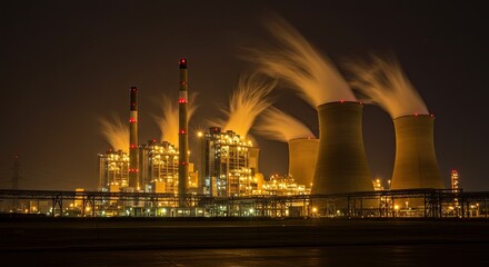 Vast industrial power plant complex illuminates the night sky with glowing lights and billowing steam from cooling towers, showcasing heavy industry and energy production.
