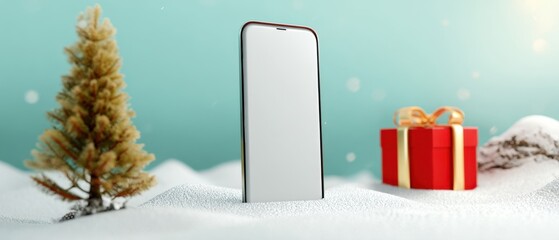 The smartphone standing in snow with Christmas tree and gift present beside it