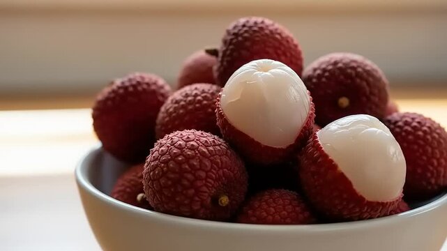 Fresh lychees in a bowl with one being peeled, sunlight illuminating the scene, perfect for food photography
