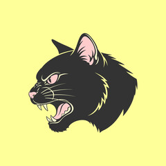 Black cat head vector illustration on yellow background. Angry and fierce feline mascot design, bold editable EPS style for logo, tattoo, or streetwear graphic.