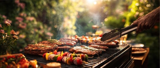 The Grill Sizzles With Juicy Steaks Sausages and Colorful Vegetable Skewers Outdoors