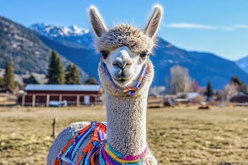 Obraz premium alpaca with colorful harness looking curiously at the camera, rural farm setting with mountains behind --ar 3:2 --v 6.1 Job ID: 507a36e7-c98d-4591-bf69-fa07f29bf697