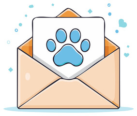 Adorable cartoon illustration of an open envelope with a pet paw print message and hearts