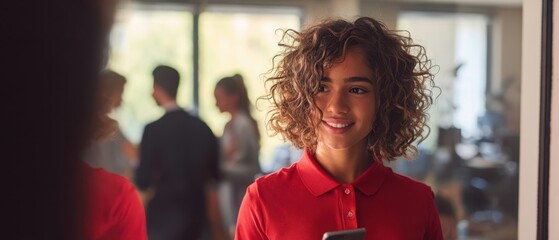 The woman smiling in red polo shirt using smartphone in modern office