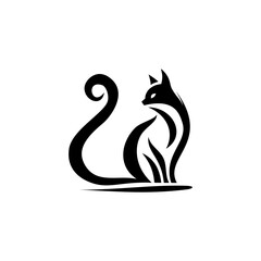 Elegant black silhouette illustration of a cat with a long curled tail in minimalist line art style