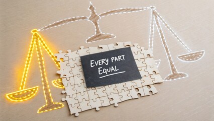 Puzzle pieces forming a message about equality and justice with scales of justice glowing in background