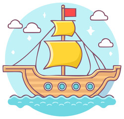 Cartoon Sailing Ship on Ocean Waves with Sky Clouds and Stars Children's Illustration