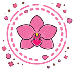 Pink orchid flower illustration with decorative circle and floating elements