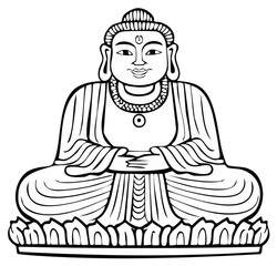 Stylized Buddha figure meditating in a serene pose on a lotus base line art illustration